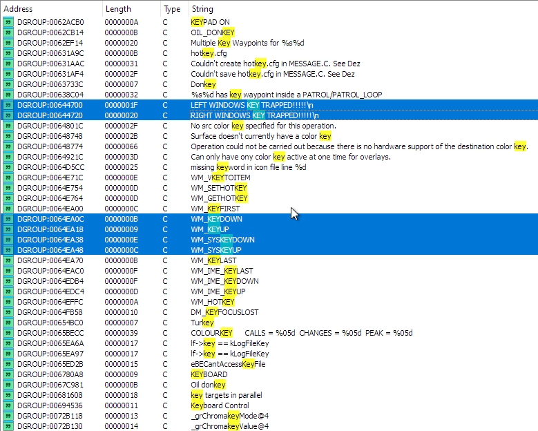 Searching for strings containing 'key'